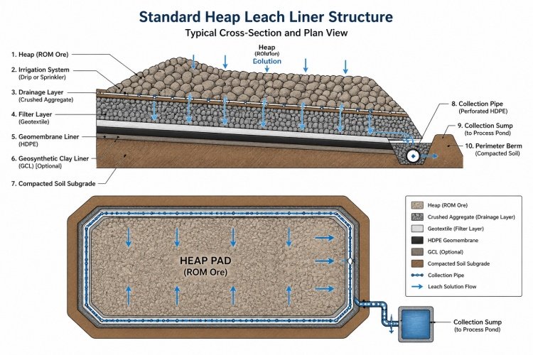 Cross section diagram showing ore, geotextile, geomembrane, and soil layers