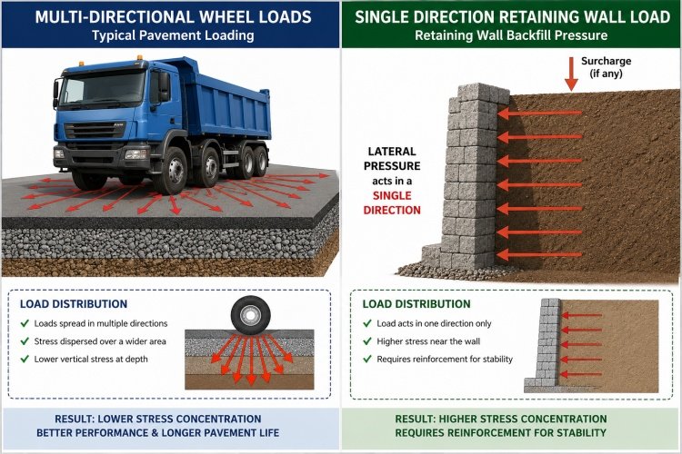 Visual representation of multi directional wheel loads versus single direction retaining wall load