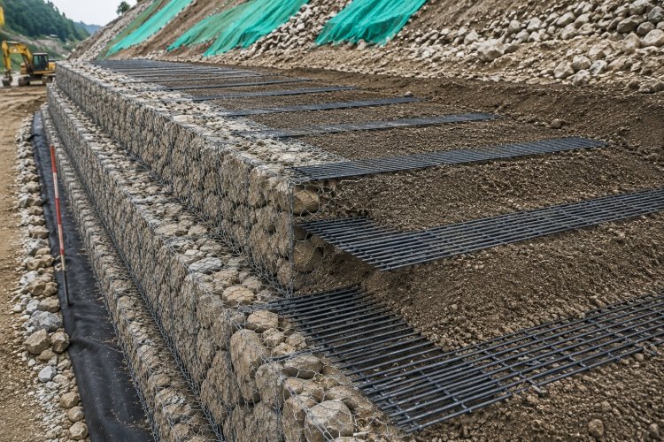 Uniaxial geogrid reinforcing an earth retaining wall structure