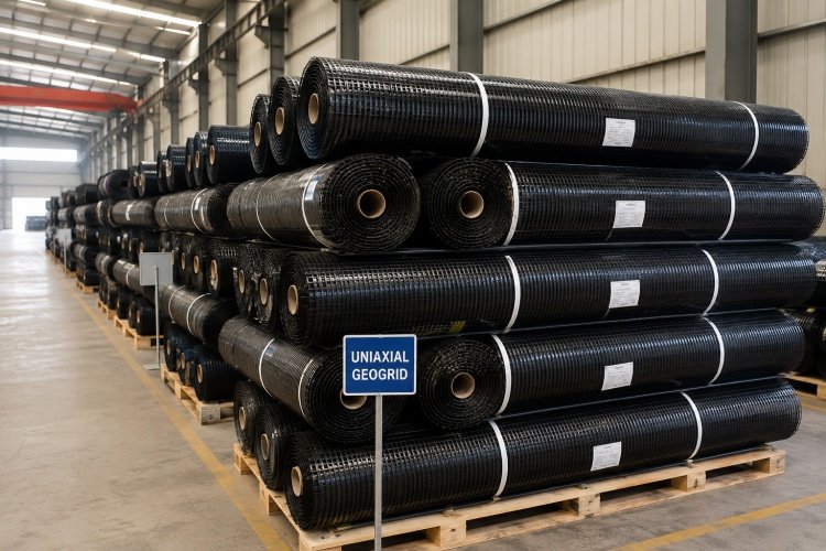 Uniaxial geogrid rolls stored at an industrial warehouse ready for export